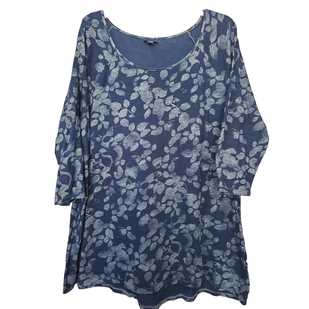 J Jill Pure Jill Indigo Blue Leaf Print Scoop Neck Cotton Knit Tunic Size 2X